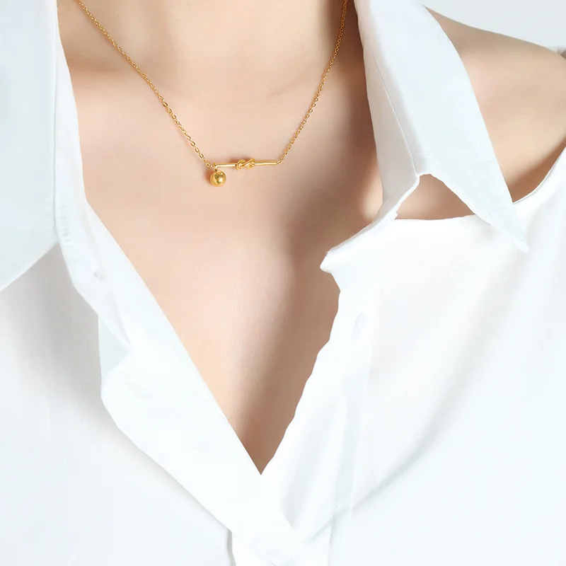

Красивое креативное геометрическое ожерелье в французском стиле с узелком и стальным шариком, универсальное дизайнерское позолоченное ювелирное изделие