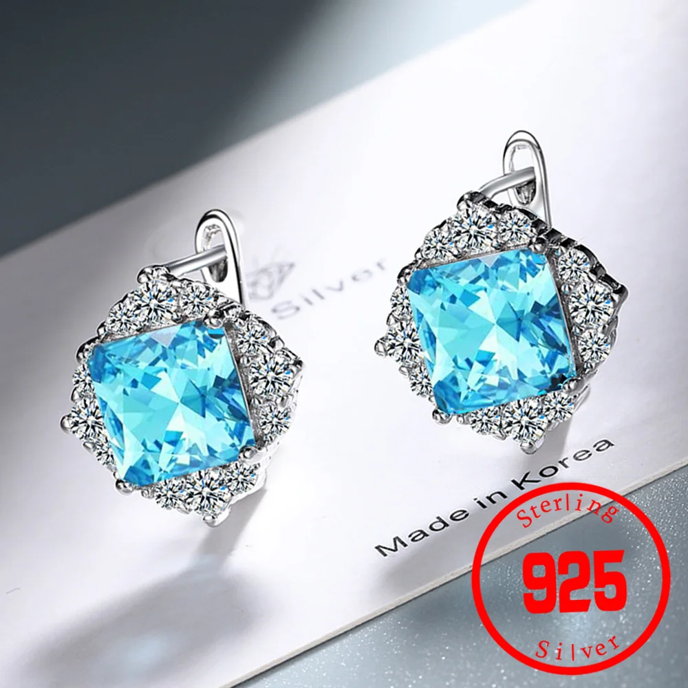 Серьги-кольца женские из серебра 925 пробы с квадратным голубым сапфиром