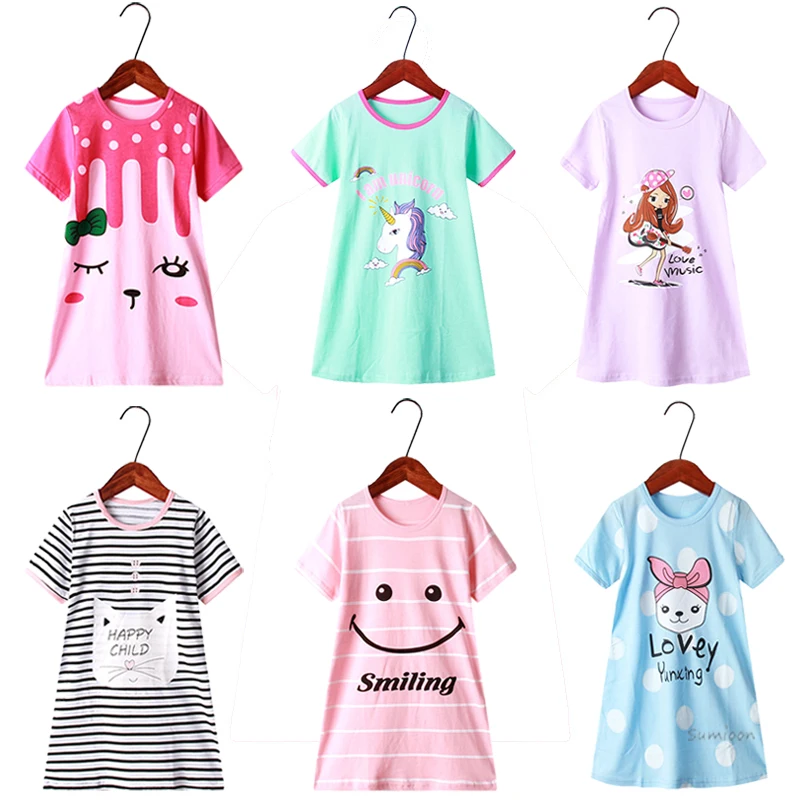 

100% Cotton Girls Nightgown Summer Children's Dressing Gown Teen Kids Nightdress Unicorn Print Baby Nightshirt Girl Sleepwear
