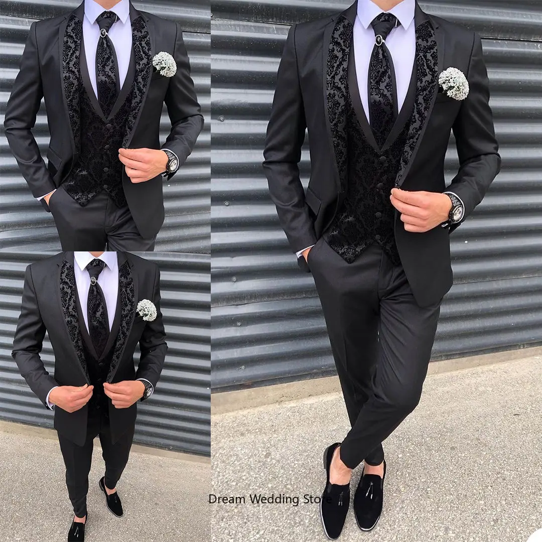 

Black Jacquard Men Suits Tuxedos One Button Formal Slim Fit For Wedding Prom Party (Blazer+Vest+Pants) 3 Pieces Custom Made