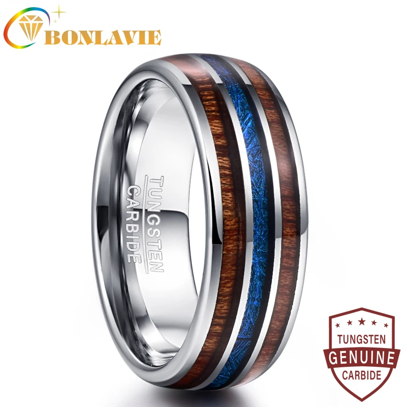 

BONLAVIE Polished 8MM Hawaiian Koa Wood Men Ring Full Size Wedding Bands Blue Imitation Vermiculite 100% Tungsten Carbide Ring