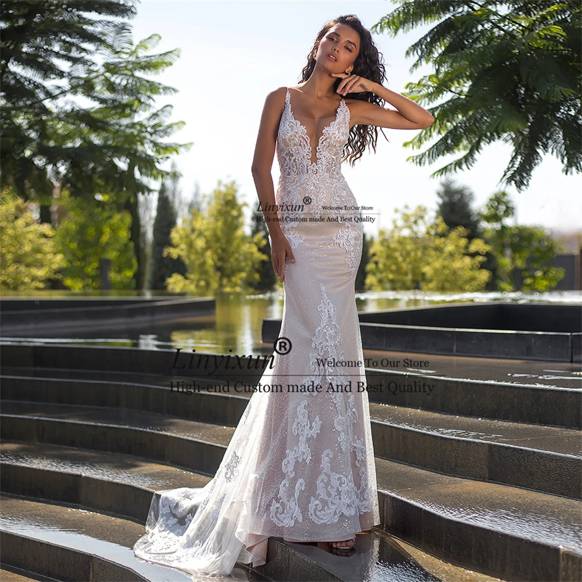 

Женское кружевное свадебное платье It's yiiya, белое платье без рукавов с V-образным вырезом, длинным шлейфом и открытой спиной на лето 2019