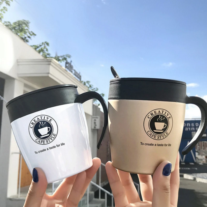 

330ml Double-layer Stainless Steel Thermos Cup Slide Cover Office Coffee Cup with Lid Spoon Vacuum Fashion Handle Water Cups
