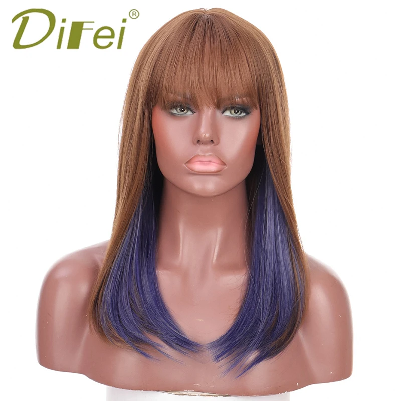 DIFEI Synthetic Long wavy Hair Ombre Wig With Bangs Brown Gradient Blue Highlights Women's High Quality Wigs