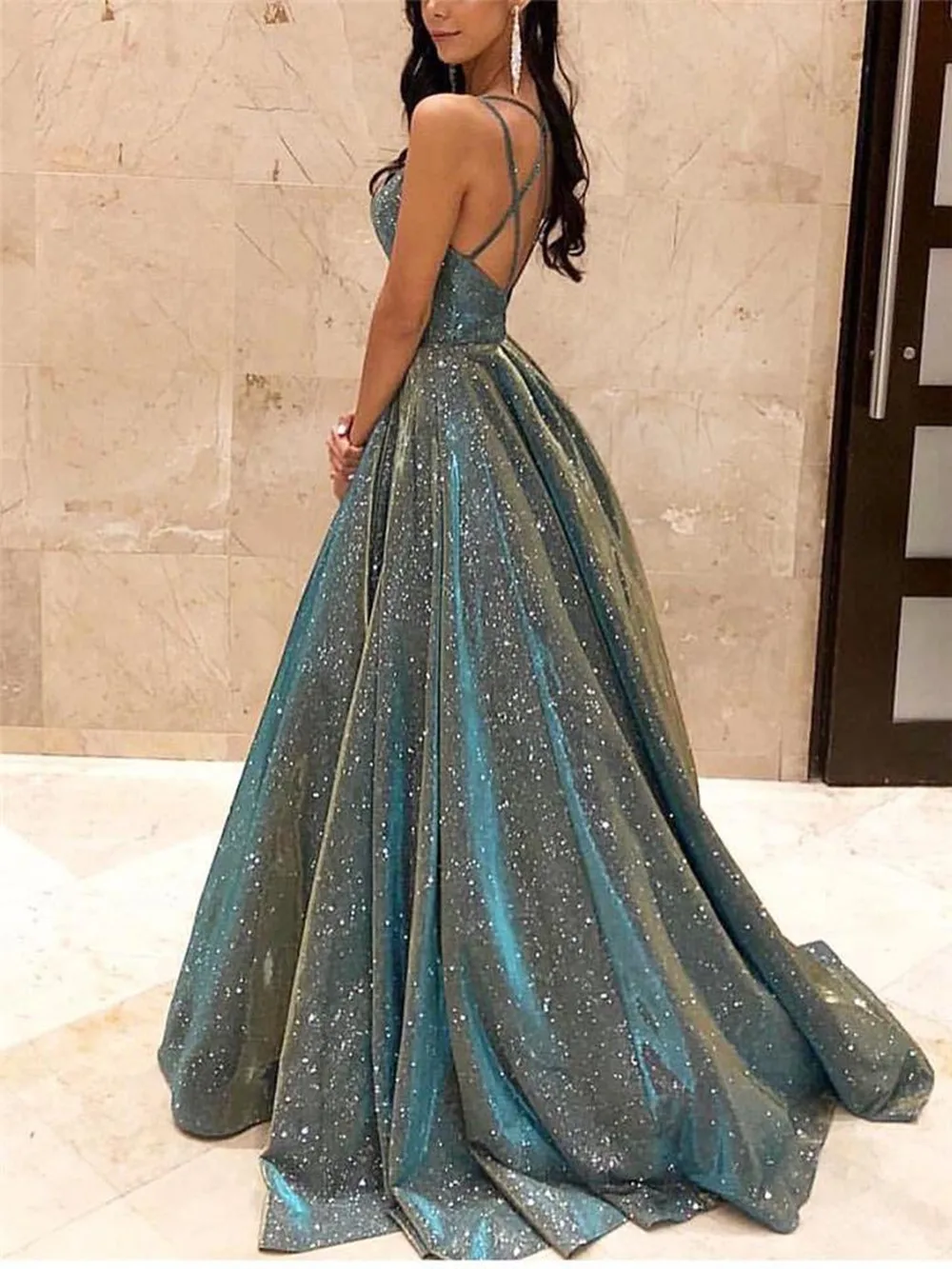 Women Elegant Prom Dress Sexy Sequin Spaghetti Deep V-neck Stitching Big Swing Gown Party Cocktail Evening Dresses