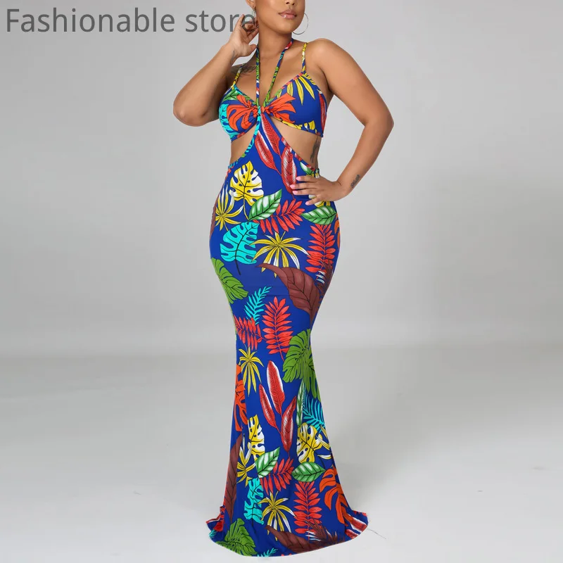 

Women Summer Casual Lace-up Backless Cut-out Print Maxi Dress