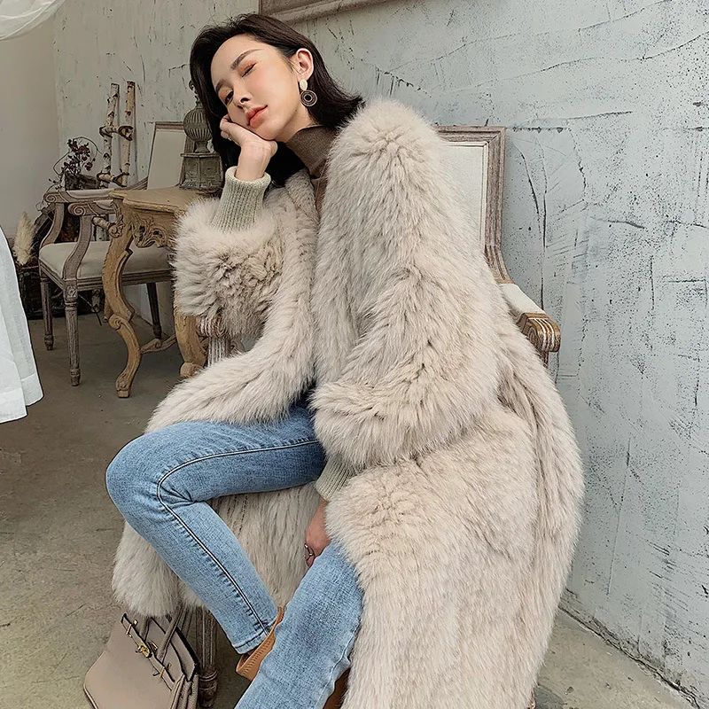Vintage Real Fox Fur Double Side Knitted Long Coat Women Natural Fue Bat Sleeve Loose Jacket Female Thick Warm Overcoat Milk Tea
