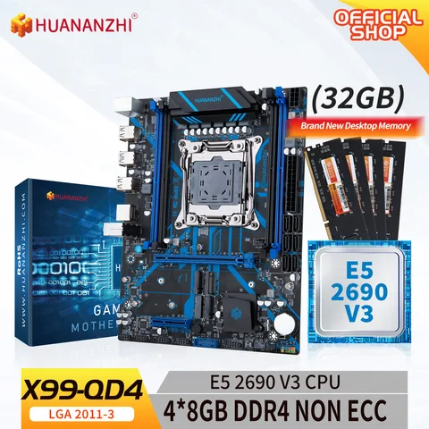 HUANANZHI X99 QD4 LGA 2011-3 XEON X99 материнская плата с Intel XEON E5 2690 V3 с 4*8G DDR4 NON-ECC память комбинированный комплект NVME