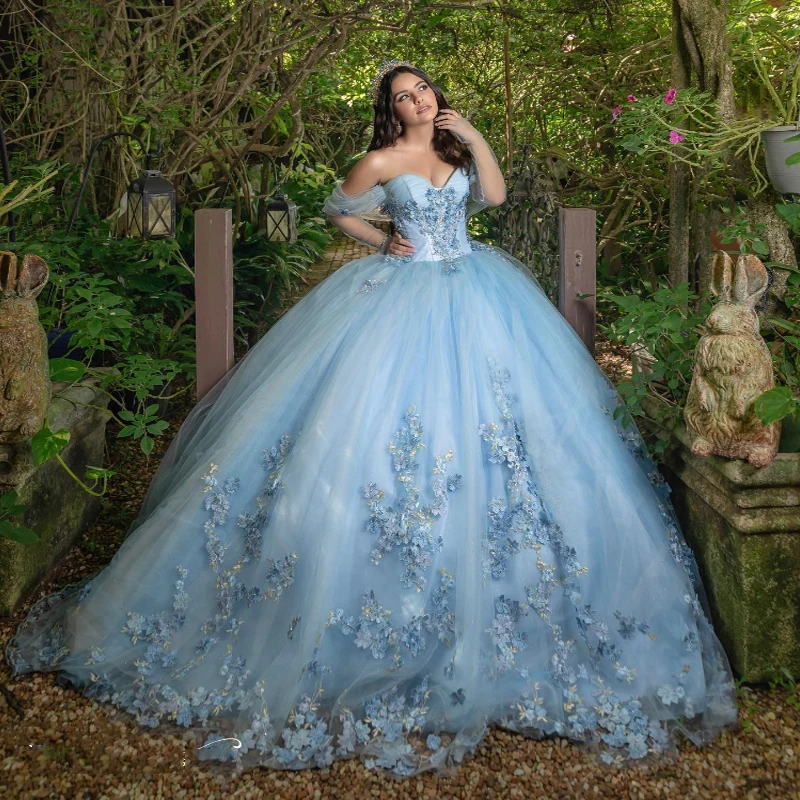 Небесно-голубое очаровательное бальное платье Quinceanera с открытыми плечами