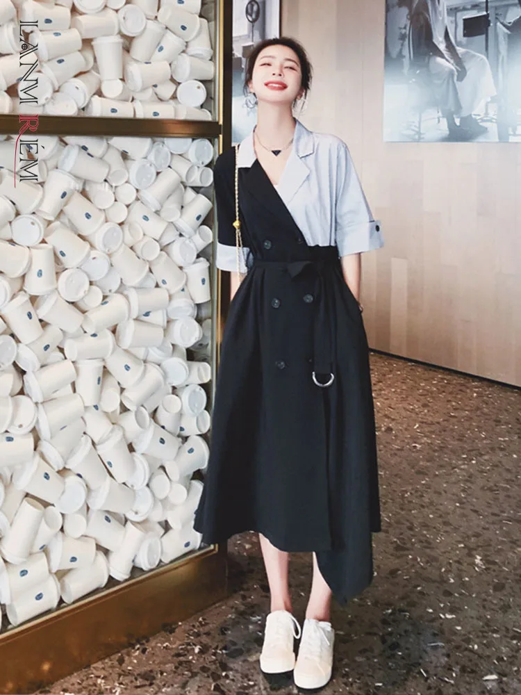 

LANMREM Elegant Women Patchwork Notched Neck Midi Dress Belt Short Sleeve Double Breasted Female New Clothing 2022 Summer 2I624