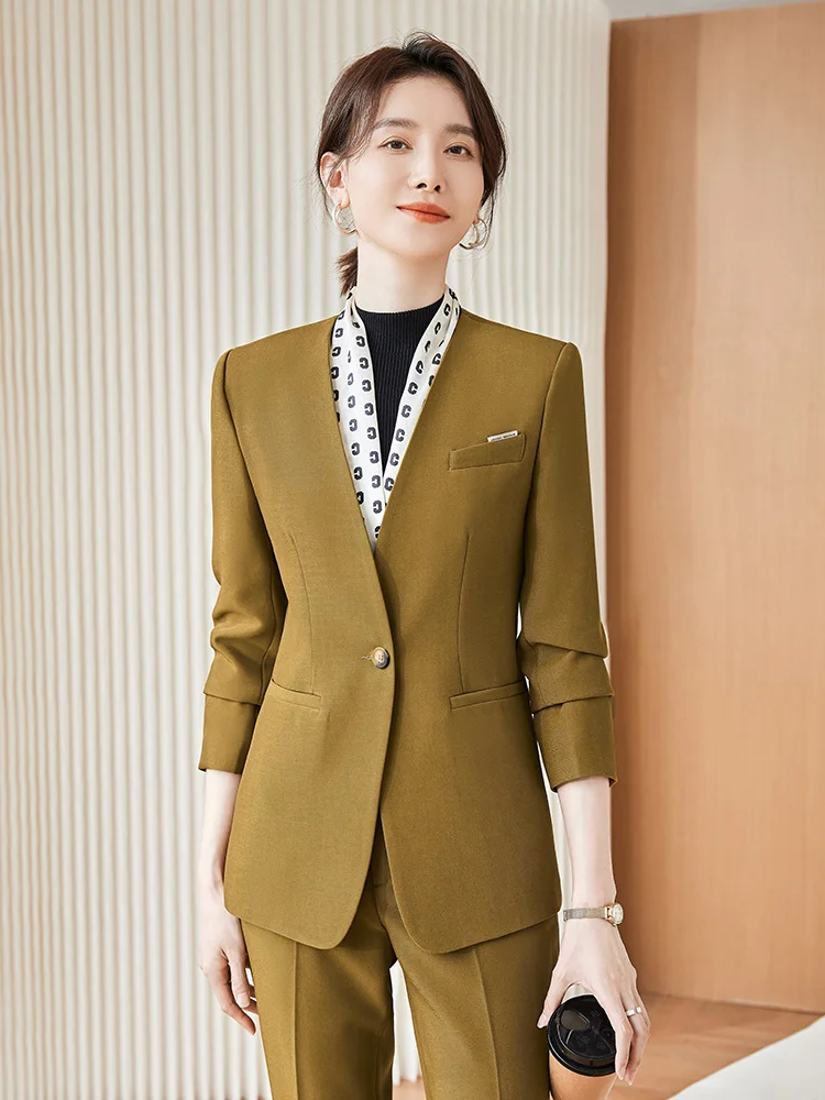 Elegant Office Pants Suit Women's Two Piece Set Professional Solid V Neck Blazer Formal Suit Korean Clothing