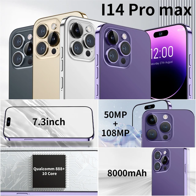 Global Version i14 Pro Max Smartphone 7.3 inch Full Screen Face ID 8000mAh Mobile Phones 4G 5G Cell Phone 50MP+108MP 16GB+1TB 3