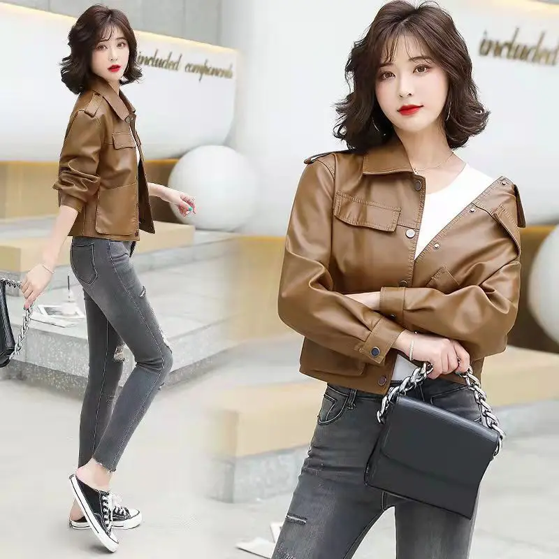 Fashion Spring and Autumn Short Solid Color Leather Jacket Women Korean Casual Temperament Stand-up Collar Short Jacket Women