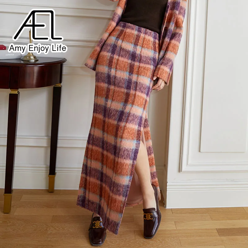 

AEL Весенняя женская юбка миди, шерстяная клетчатая Женская облегающая винтажная одежда, модная женская уличная одежда