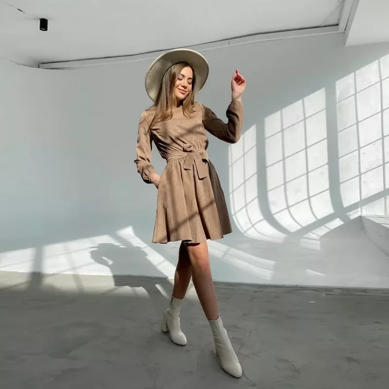 

New in Vintage Sashes Corduroy A-line Mini Dress Long Sleeve O neck Khaki Color Elegant Casual Party Dress 2022 Winter New Dress