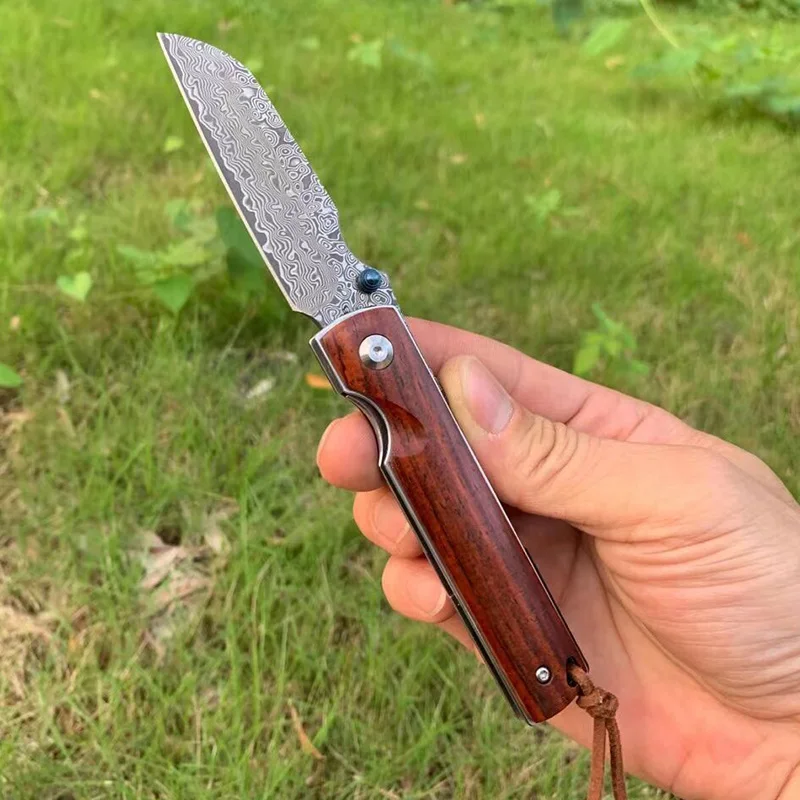 

Tunafire Damascus Steel Knife Wood Handle Outdoor Camping Hiking Pocket Knife EDC Multi Tool Collection gift send leather cover