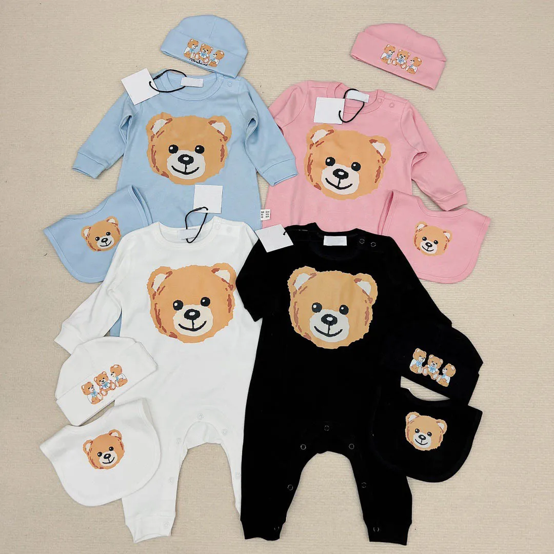 

Spring Newborn Baby Boy Girls Rompers+Bibs Designer Cartoon Teddy Bear Long Sleeve Jumpsuit Infant Luxury Fall Clothes Outfits