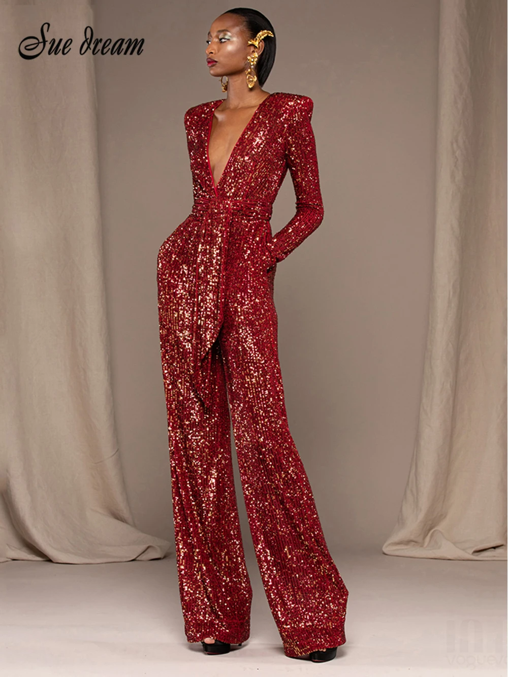 

2021 Autumn New Sexy Deep V Sequined Belt Lace-Up Long-Sleeved Jumpsuit Fashion Party Slim Waist Wide-Leg Trousers Jumpsuit