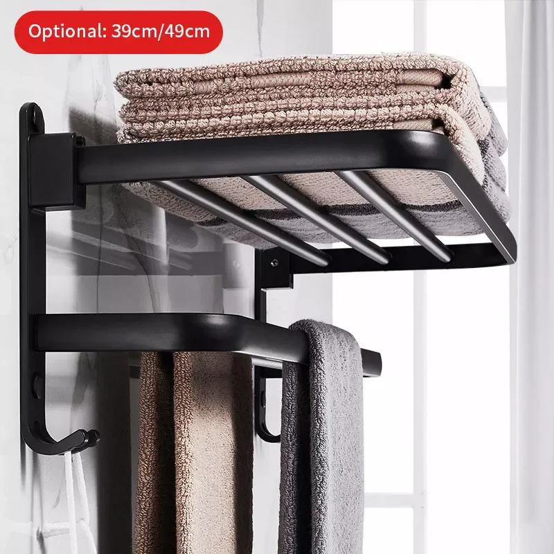 

Bathroom Towel Rack Frosted Black Aluminum Wall-Mounted Folding Storage Rack With Hook Rack Shower Room Accessorie Storage Shelf