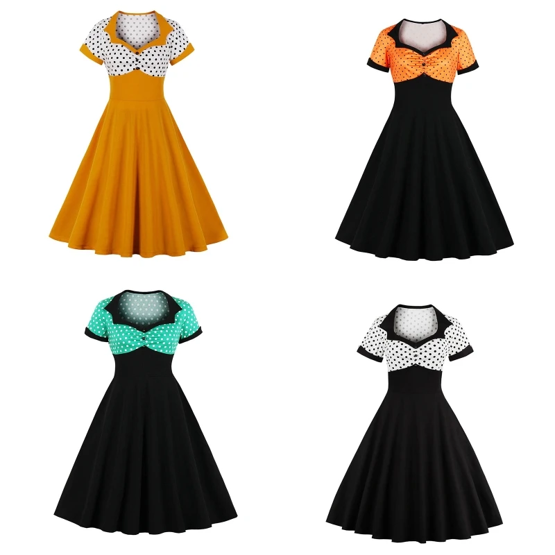 

Женское коктейльное платье в горошек, винтажное платье в стиле ретро с коротким рукавом, отложным воротником и квадратным вырезом, контраст...