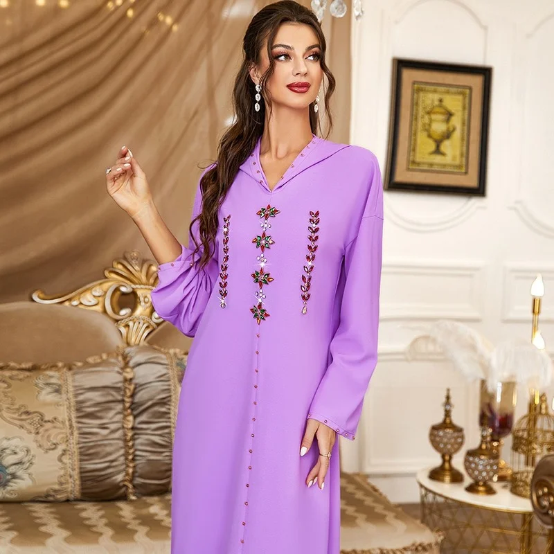 Fashion Muslim Dress Ramadan Purple Hand Sewn Diamond Hood Ladies Arabian Dress 2022 New Kaftan Djellaba Moroccan Vestidos