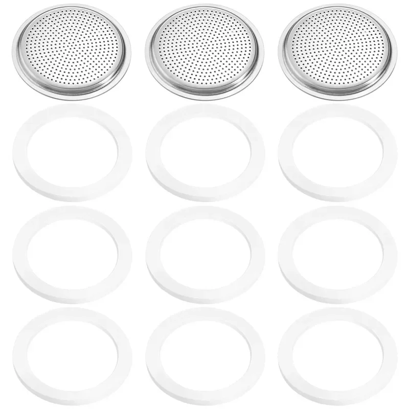 

9 Pieces Silicone Gaskets and 3 Piece Stainless Filter Gasket Stainless Steel Gasket Replacement for 6 Cup Moka Express