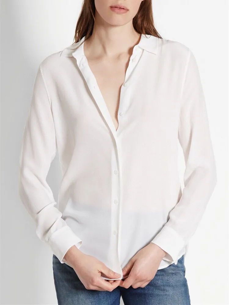 

Women Solid Color Shirts 100% Silk Turn-down Collar Top Single Breasted Soft Long Sleeve Office Lady Simple Blouse 2023 Spring