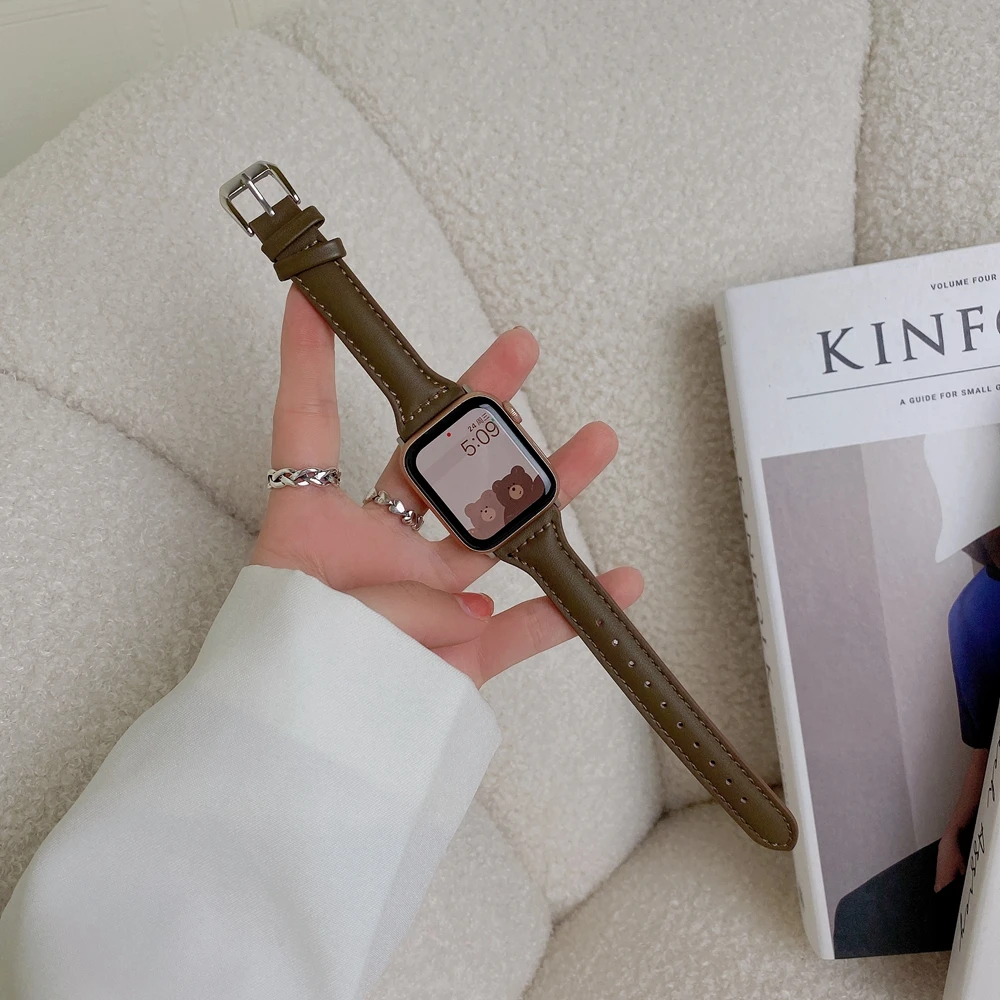 Ремешок из натуральной кожи для Apple Watch 7 41 мм 45 38 42 тонкий браслет iWatch Band 40 44 se 6 5 4 3 2