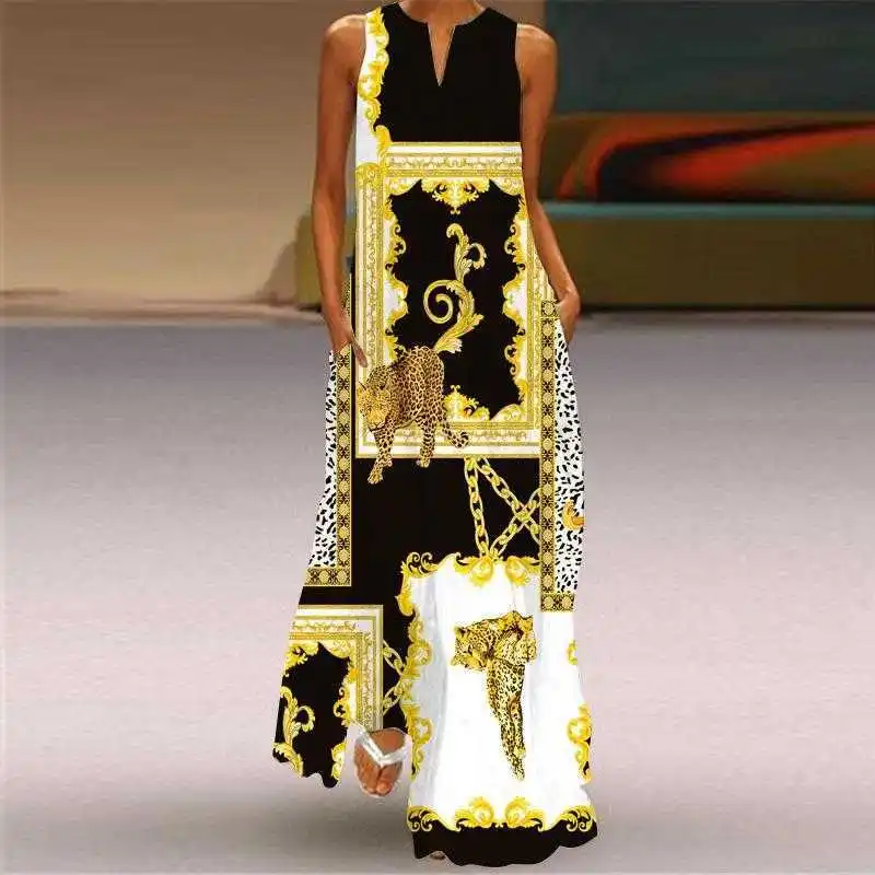 

Summer Womens Clothes Sleeveless Long Dress V Neck Vintage Print Clothing