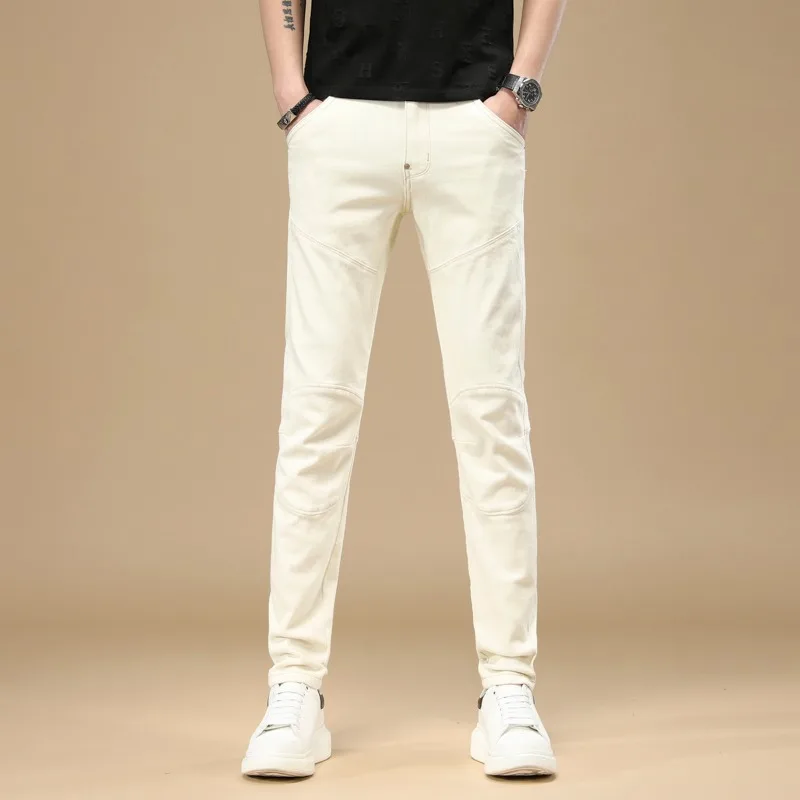 Summer Jeans Men Lightweight Beige Slim Fit Pencil Pants Fashion Korean Style Casual Denim Trousers