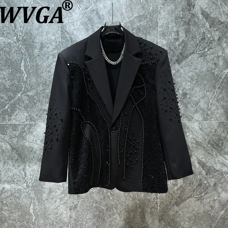 Фото Мужской пиджак WVGA: Новинка Весна-Осень, роскошный, с жемчугом и пайетками, в стиле пэчворк, модный, с отложным воротником, нишевый, шикарный, повседневный, W21133 №1