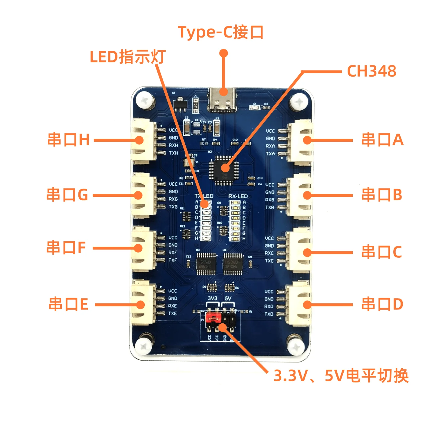 Фото Многоканальный модуль расширения последовательных портов USB-TTL (4/8 портов) с высокоскоростным чипом CH348 Type-C на TTL №2