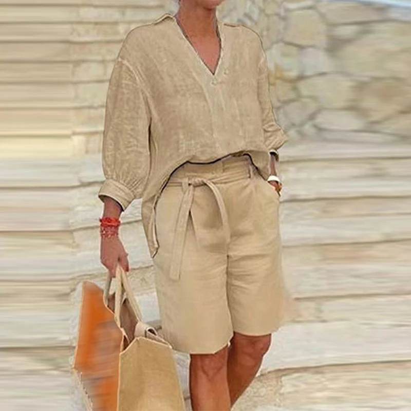 

2023 Casual Summer Woman Shorts Set Solid V-neck Three-quarter Sleeve Shirts Lace-up Straight Shorts Pants Two Piece Sets