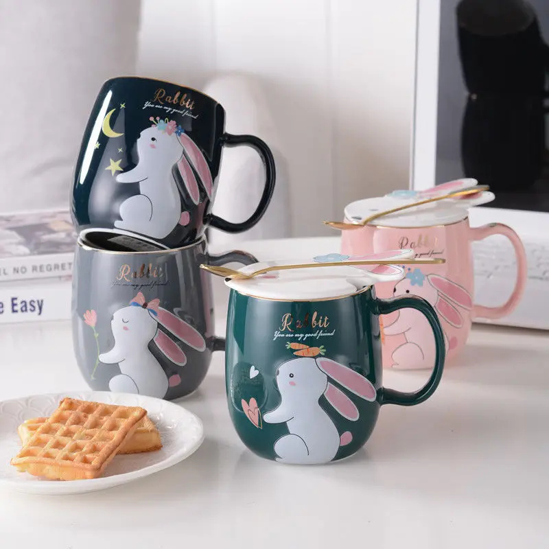 

Creative Rabbit Cup Ceramic Mug with Lid Spoon Cartoon Water Cup Cute Girl Ins Breakfast Cup Kawaii Coffee Mug Cool Tazas 420ml