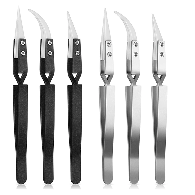 

6Pcs Precision Reverse Ceramic Tweezers Pointed Curved Tips Tweezer Set Non Conductive, Anti Magnetic Soldering Tweezers