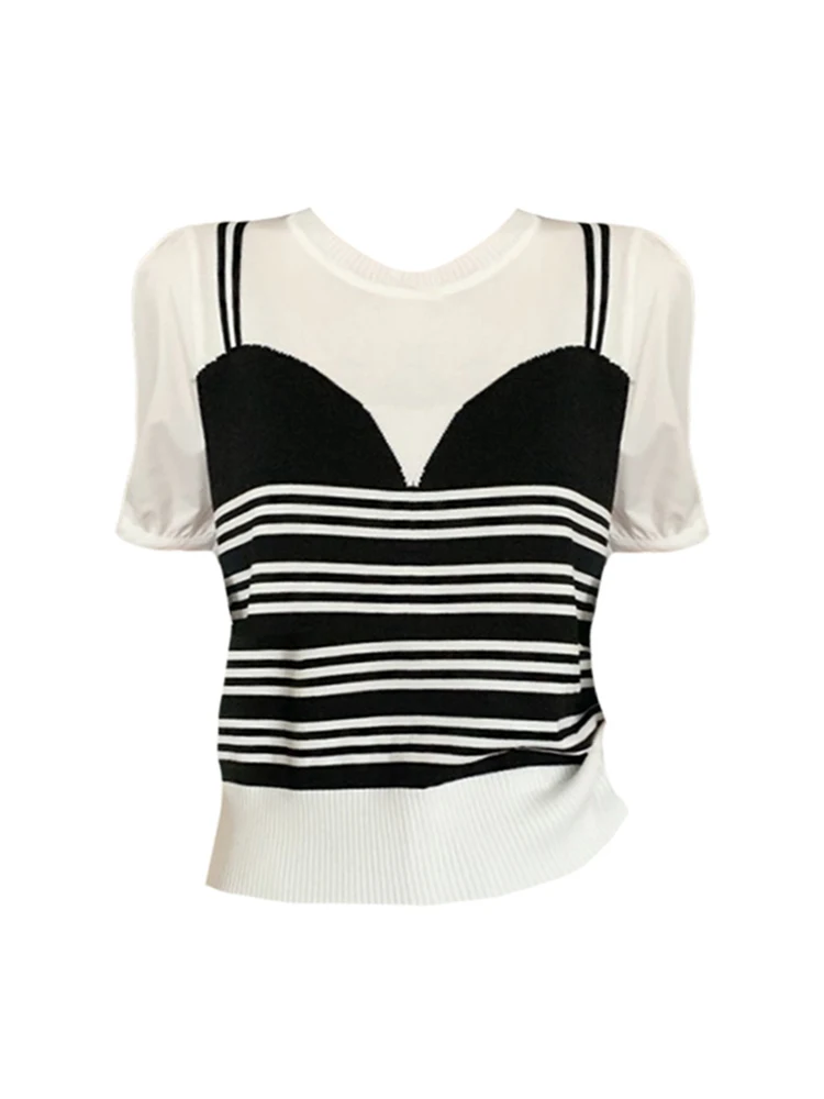 

Vintage Contrasting Colors Classics Striped Design Knitted Tee 2023 New O-neck Puff Sleeve T-shirt Female Retro Cozy Soft Chic