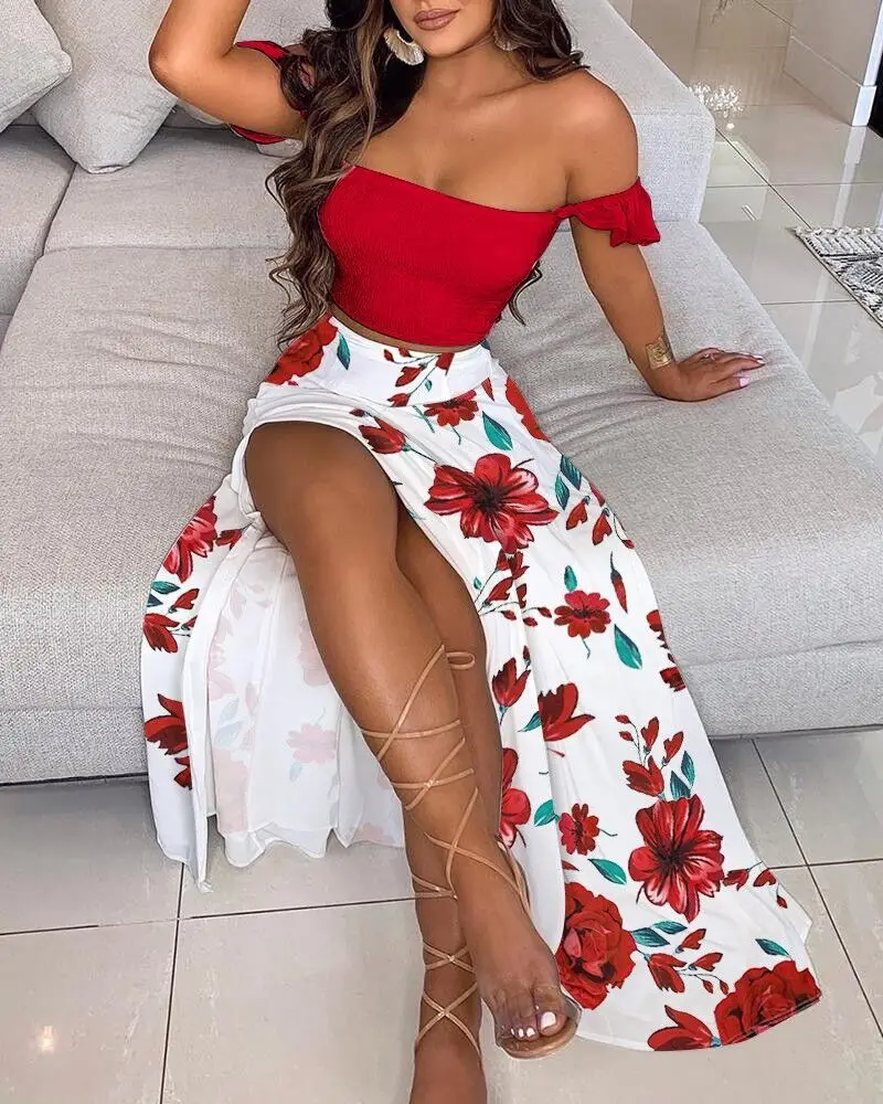 

European and American Summer Fashion Comfortable Women's New Dress Fashion Sexy off-Shoulder Top Split Dress Two-Piece Set