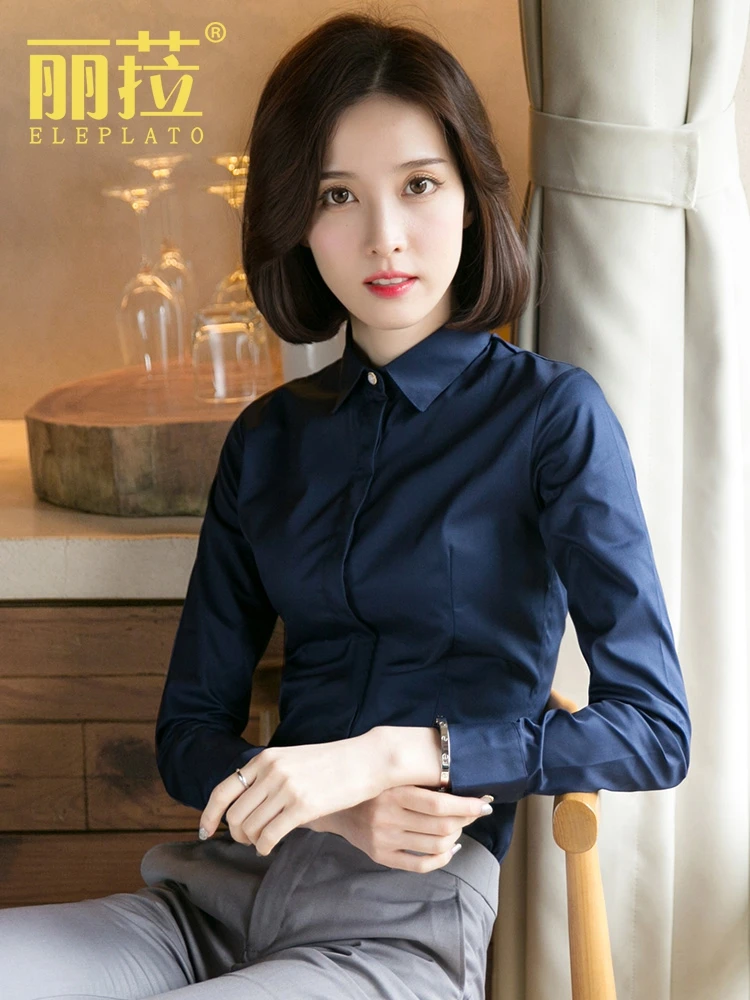 Professional Shirts Women White Long sleeve Spring 2024 Sapphire Blue Slim fit Shirt Temperament Cargo