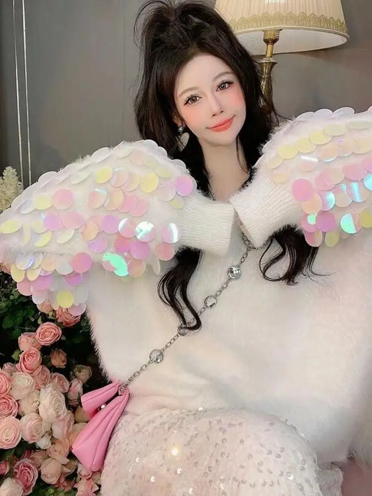 

Embroidery Sequins Sweater for Women 2022 Autumn and Winter New Loose Oversized Sweaters Pull Femme Long Sleeve Round Neck