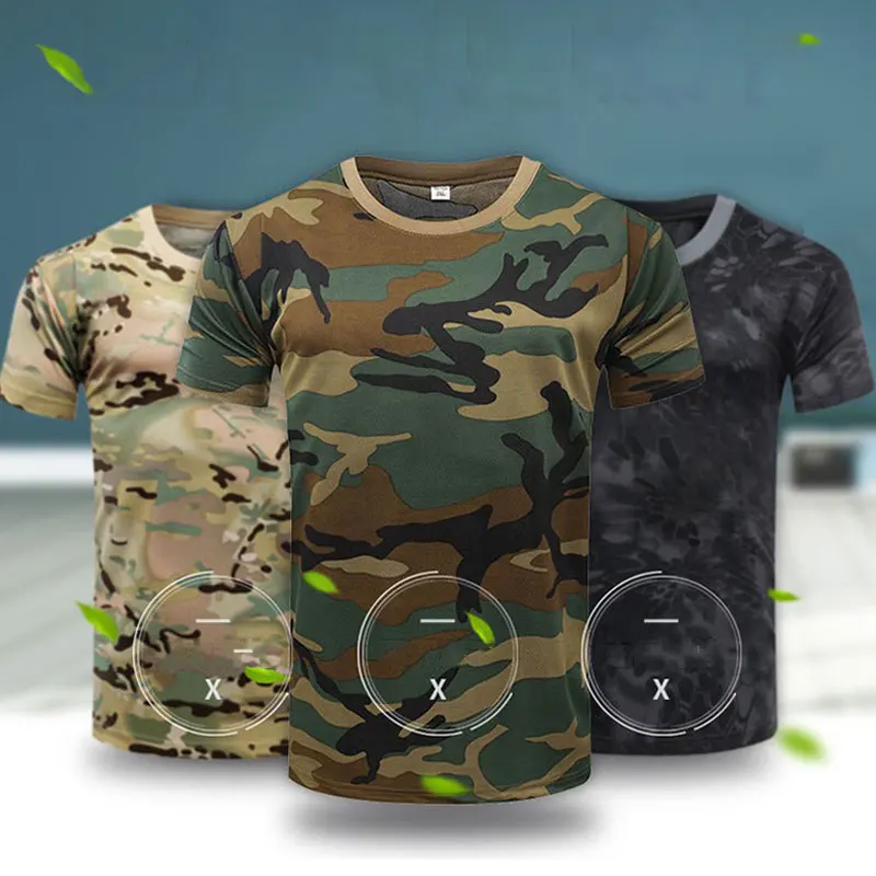 Camo Mesh Quick-dry T-Shirt Outdoor Sports Breathable Sweat Wicking Tactical Training Combat Tops Summer Men Hiking Fishing Tee