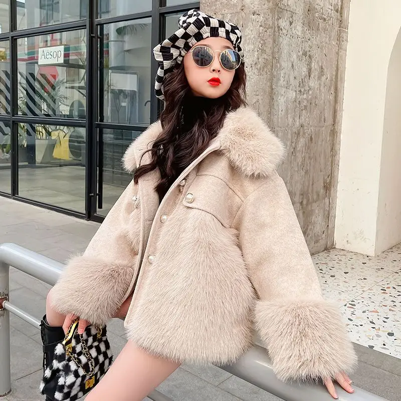 

Girls Woolen Coat Jacket Autumn Winter 2022 New Korean Fur Collar Cotton Thicken Luxury Wool Coats High Quality Outwear E574