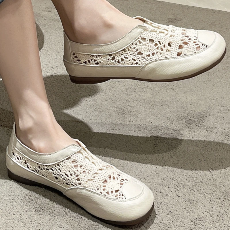 

Summer Women Hollow Shoes Breathable Round Head Solid Color Soft Bottom Flats Lightweight Non-slip Loafers Zapatos Para Mujer