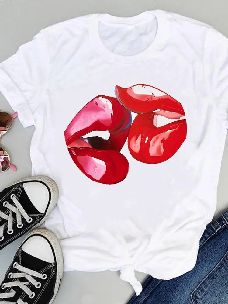 

Футболка женская с рисунком, модный топ с коротким рукавом, с акварельным рисунком губ, пикантная Милая одежда, на лето