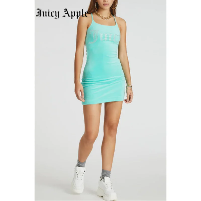 

Juicy Apple Summer Low Neck Dress Women's Letter Hot Drill Sleeveless Tank Top Dresses Casual Elegant Slim Dress Office Lady Y2k