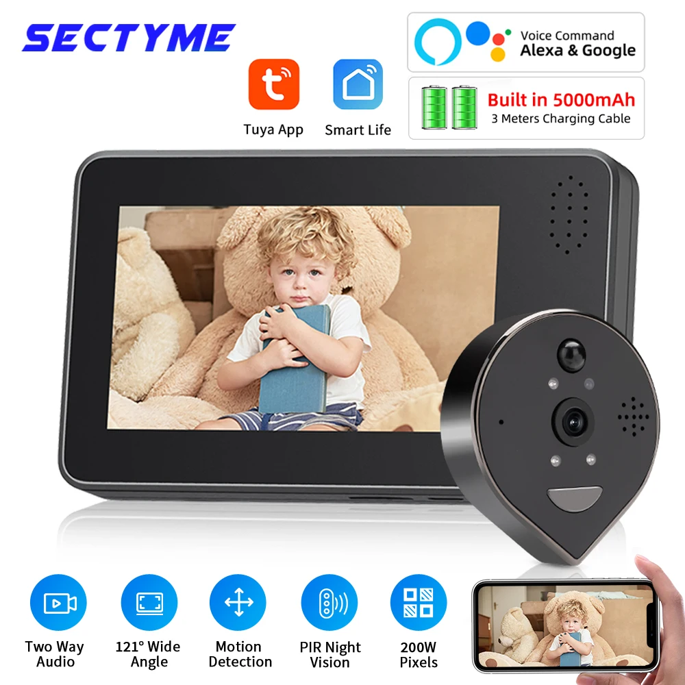 

Sectyme 4.3Inch Smart Home Tuya Peephole Doorbell Camera 1080P 200W Pixel Door Viewer Night PIR Motion Detection Video Door Bell