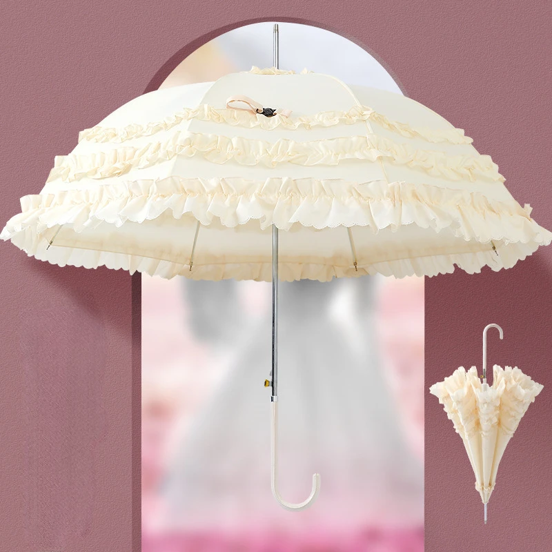 

Fashionable Simple Bride Umbrella Multi-Layer Lace Umbrella Straight Rod Long Handle Arch Princess Style Automatic Sun Umbrella