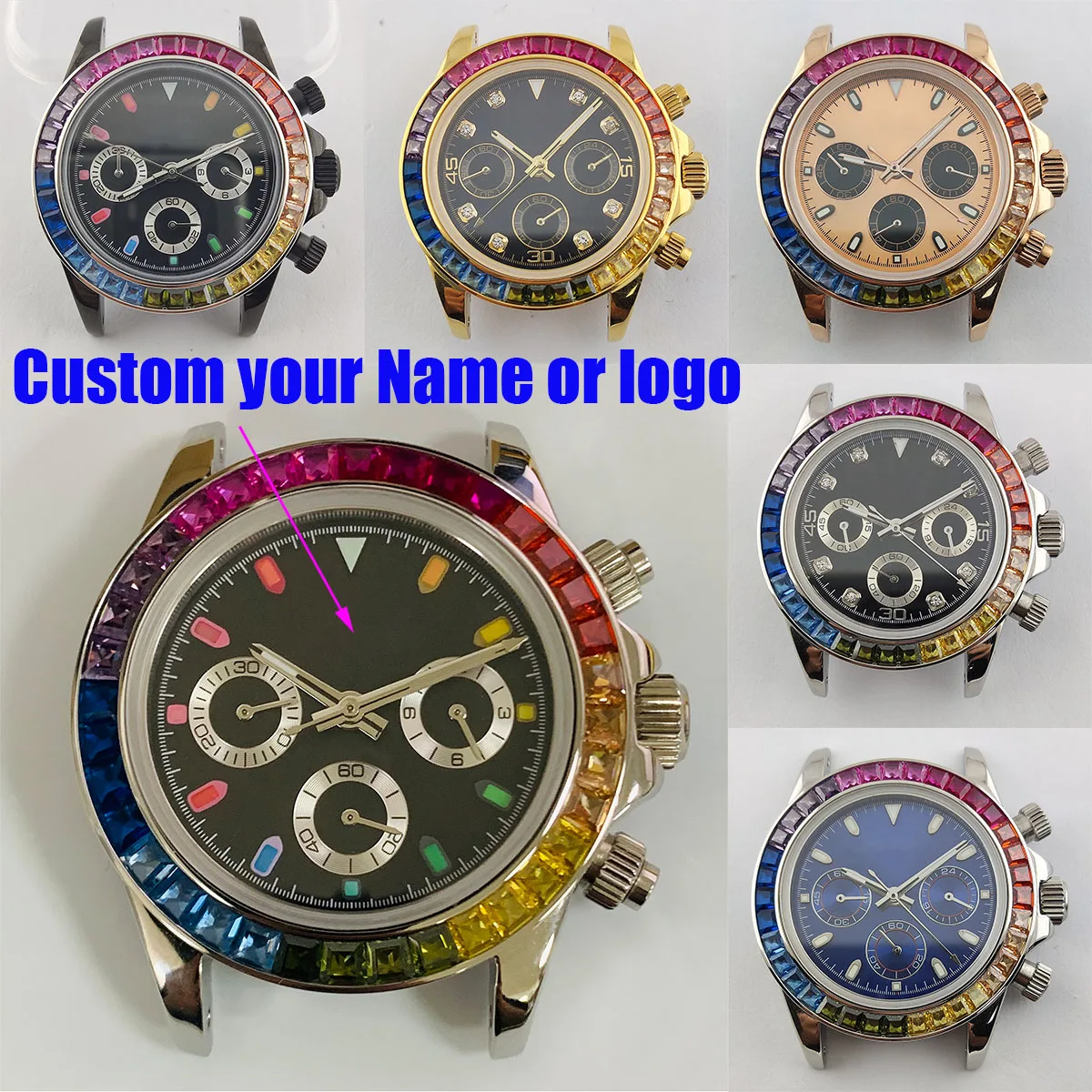 

vk63 case Rainbow dial panda dial custom logo japan quartz watch VK63 movement nh36 case chronograph electronic Multifunctio