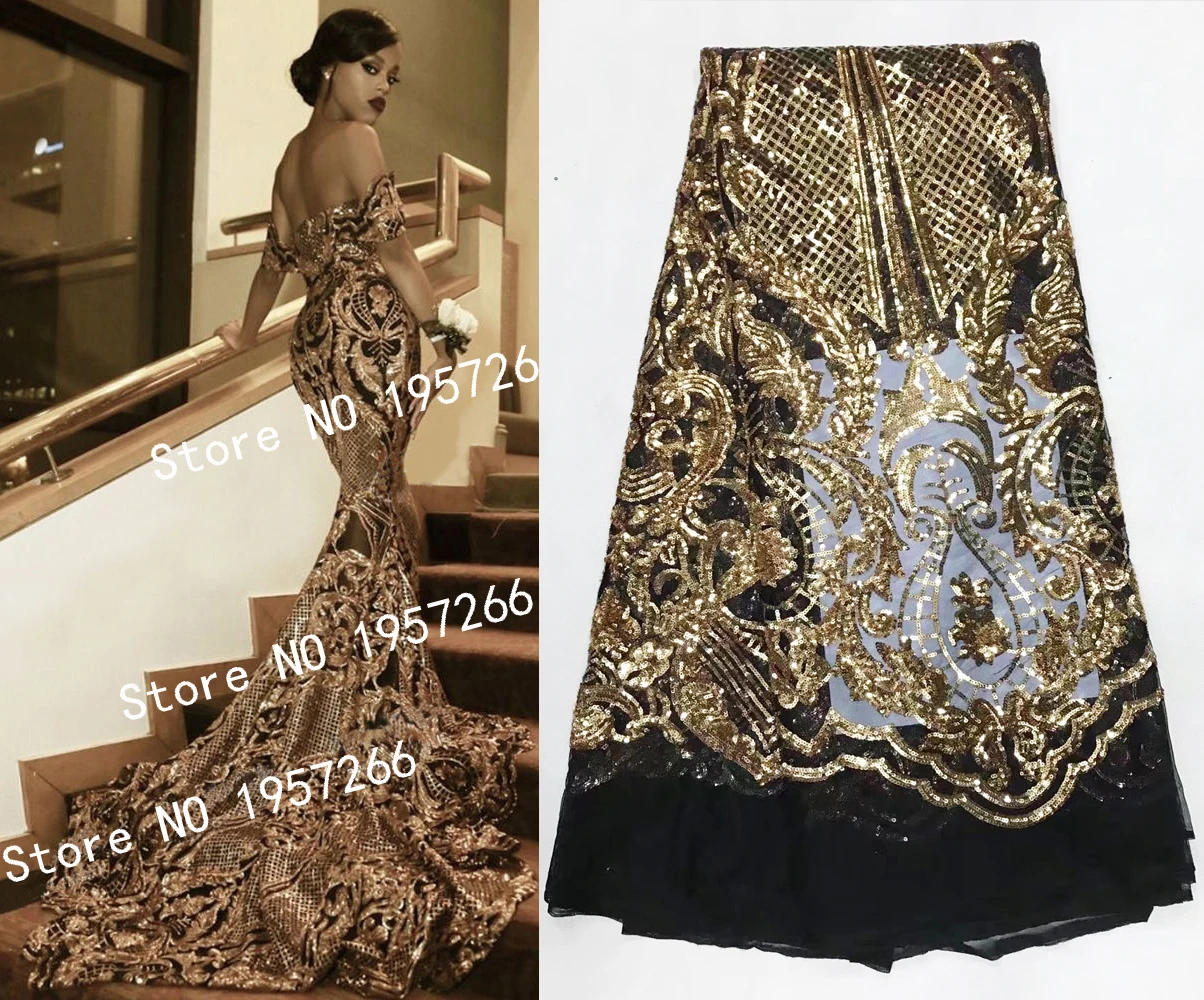 

Beautiful Design Sequined Embroidered Mesh Lace Fabric for Women Party Dress Lace African Gold Sequins Guipure Net Lace Material