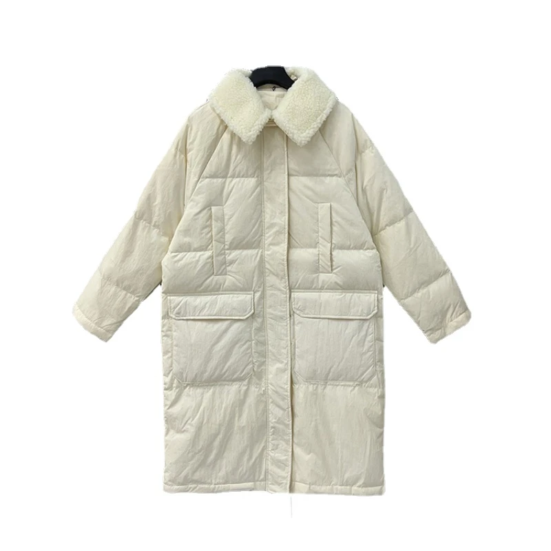 

New Women's Down Jacket 2022 Korean Lamb Fur Collar Thickened Warm Winter Coat Long Sleeve Solid Color Casual Clothes H295
