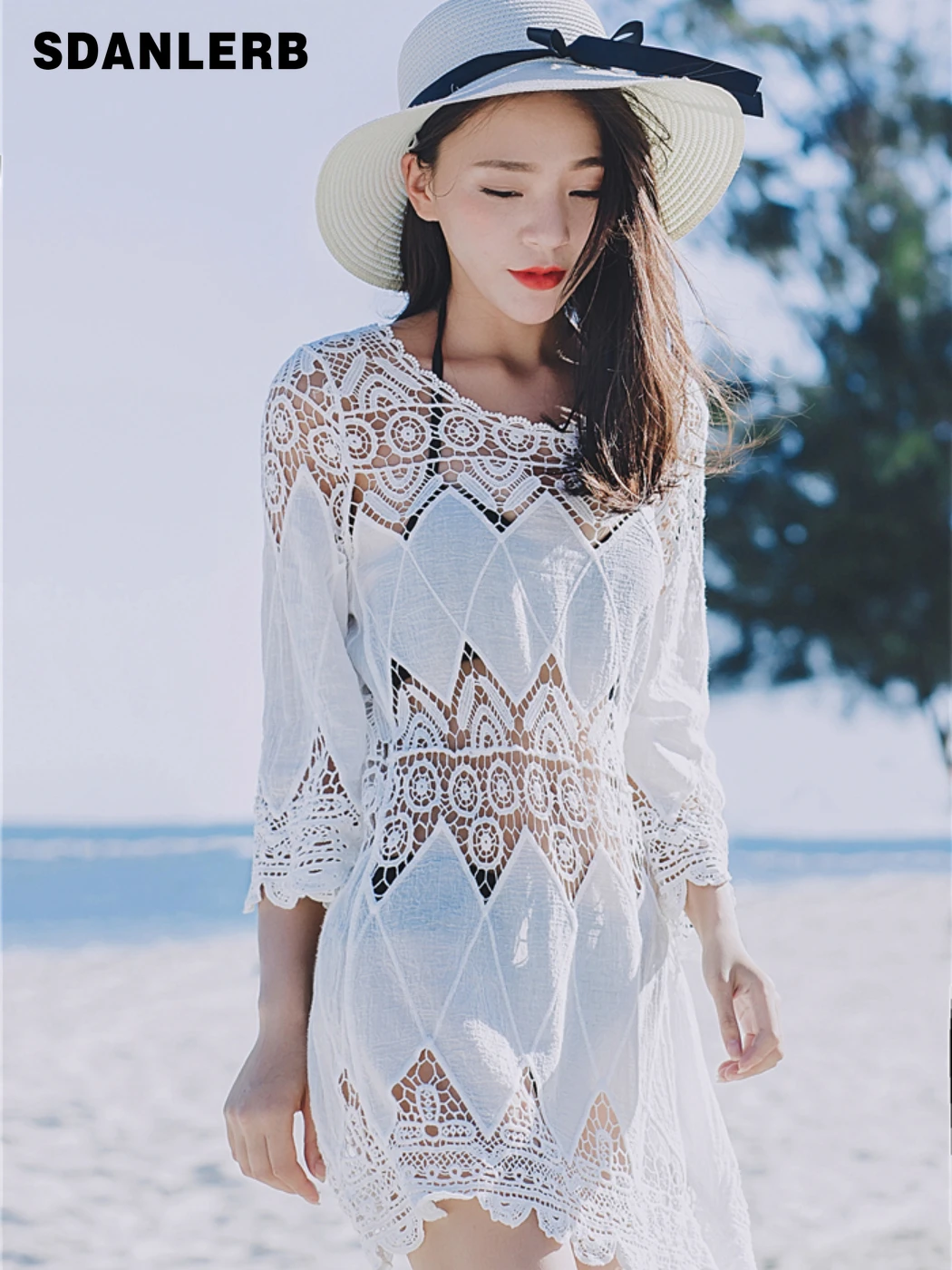 

Seaside Vacation Beach Swimwear Cover-up Sun Protection Bikini Blouse Summer Three-Quarter Sleeve Lace Hollow Knitted Overskirt